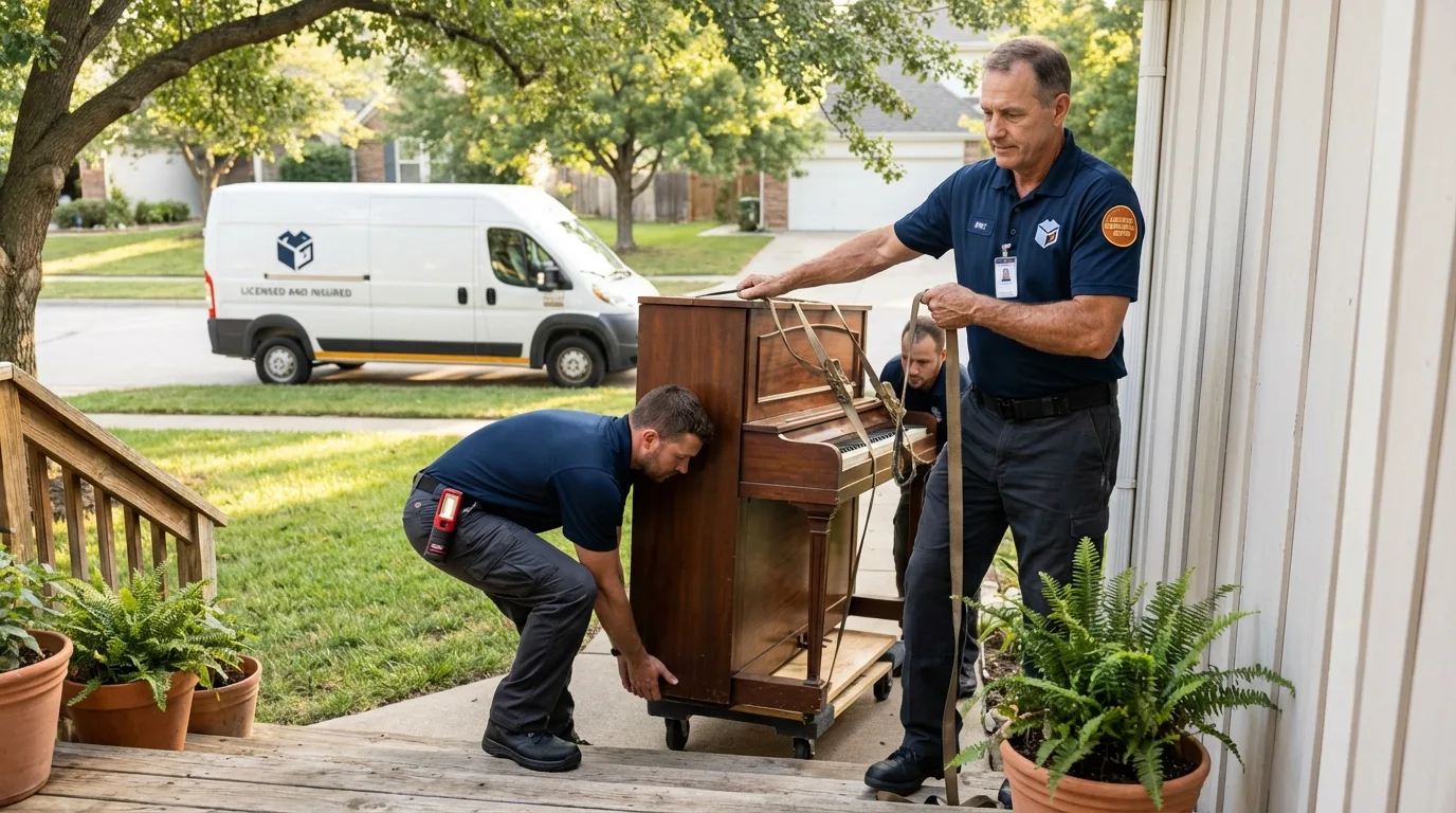 Licensed piano movers securing grand piano in Columbus, KS