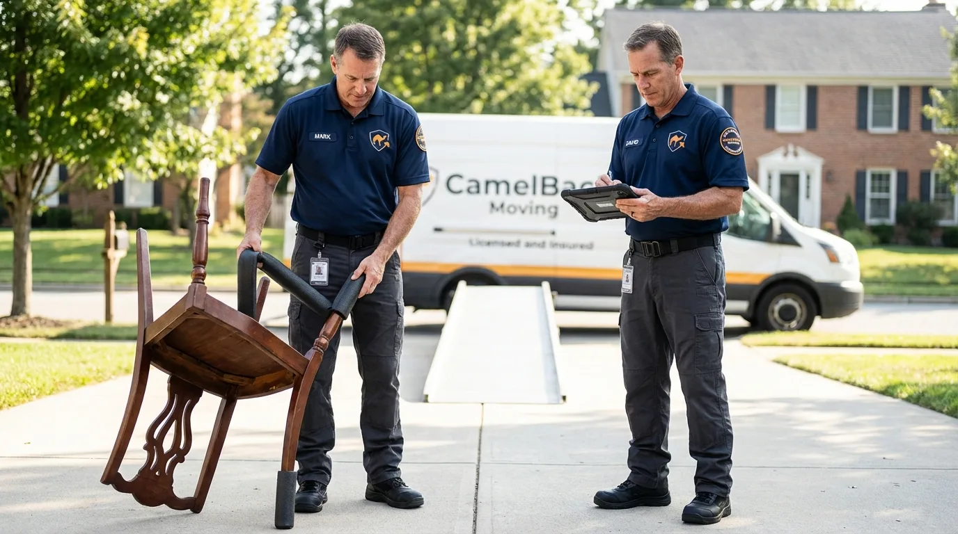 Movers inspecting furniture for damage prevention before loading in Columbus, KS
